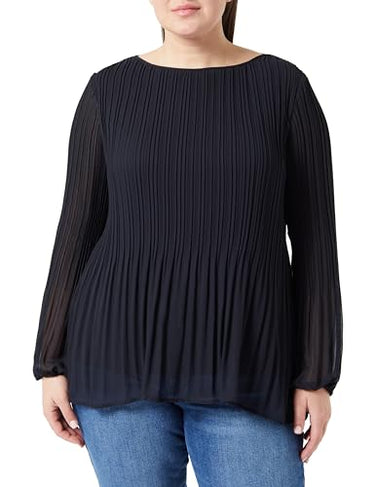 Samoon Damen Ausgestellte Plisseebluse Langarm, elastischer Ärmelsaum unifarben Navy 46 im Sale